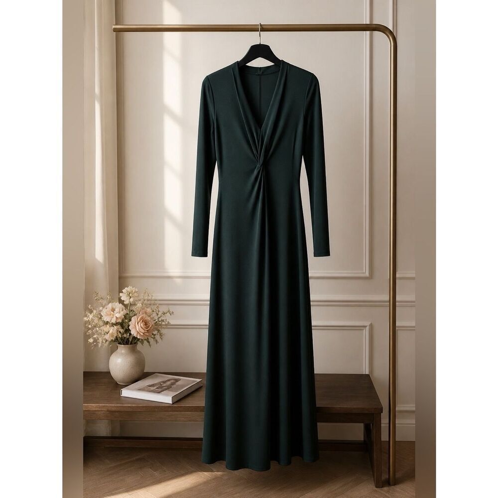 GREEN PETITE XS (2-4) LAGIA LONG SLEEVE V NECK MAXI DRESS in ATLANTIC DEEP GREEN